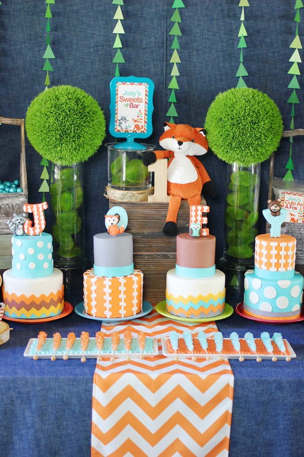 Woodland baby shower and birthday party ideas - wood cakes and dessert table