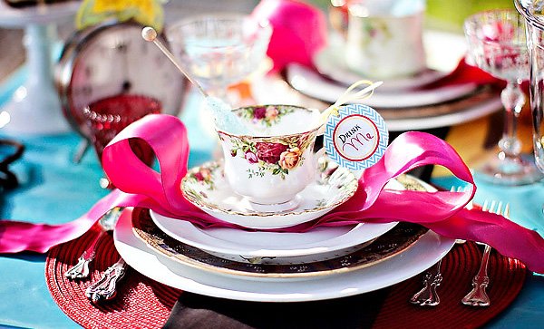 Alice in Wonderland Wedding tablescape, dress, and place settings