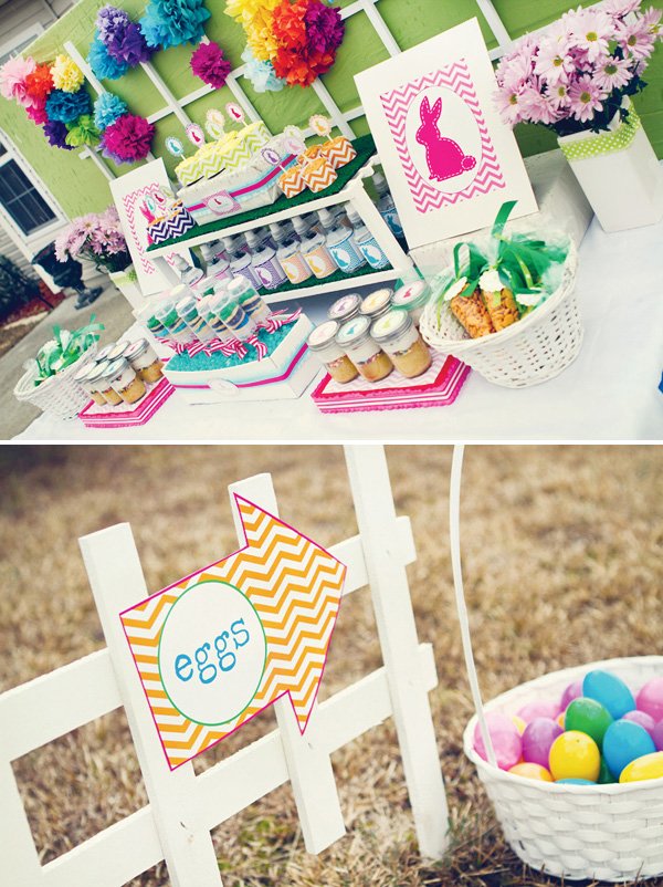colorful easter party dessert table with chevron print
