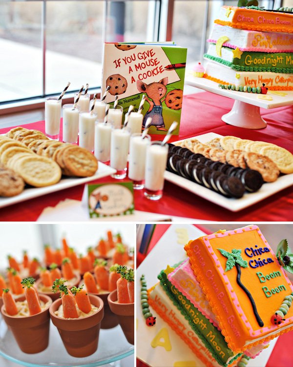 book theme baby shower milk and cake