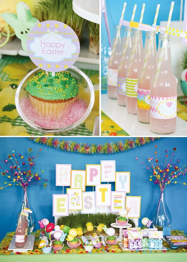 easter bunny collection dessert table and close up on cupcake toppers and drink labels