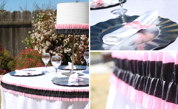 pink and black ruffled wedding or bridal shower tablescape