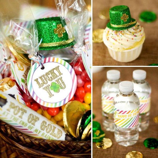 st. patrick's day printables - "lucky you" tags and rainbow water bottle labels