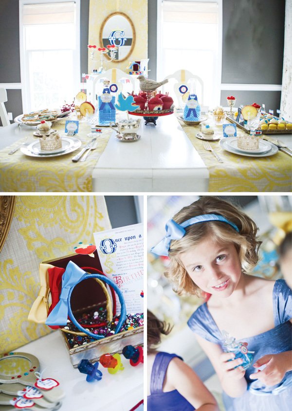 snow white fairy tale birthday party headbands and table decorations