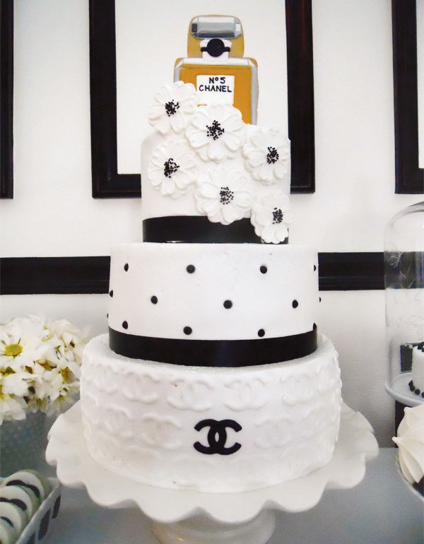 black and white coco chanel cake with quilting, polka dots and camila flowers