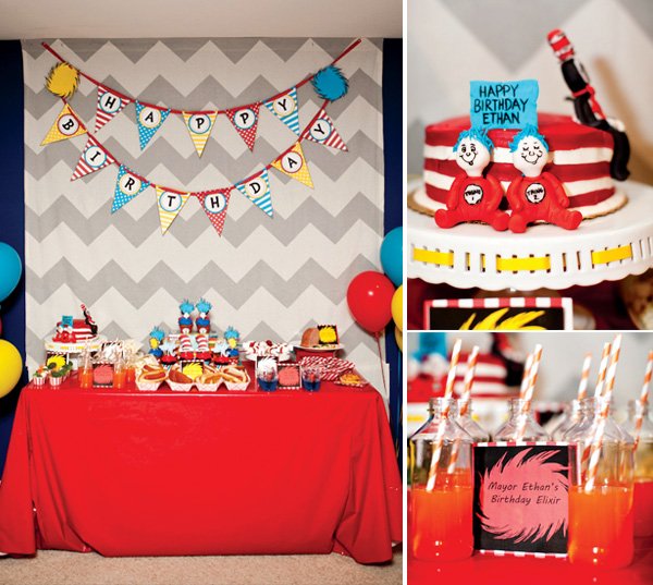 cat in the hat dr. seuss party and dessert table