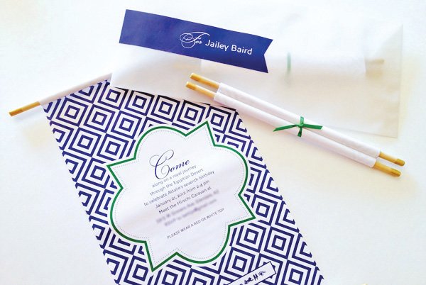 egyptian themed party invitations - blue and green scrolls