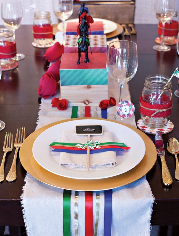 kentucky derby party place settings and tablescape with ribbon napkin rings