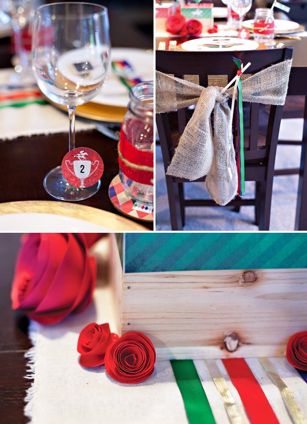 kentucky derby party printables, ribbon wants, burlap chair ties, and red paper roses