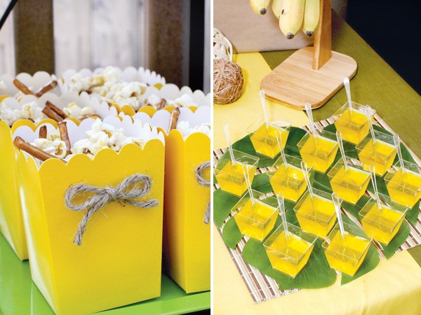 monkey birthday party popcorn and jello in yellow