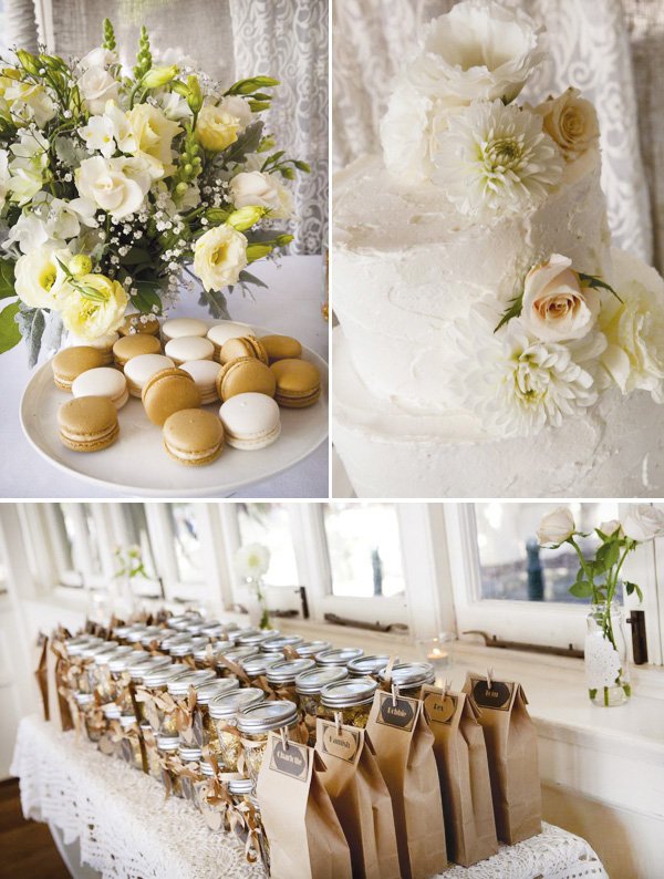 simple white wedding macaroons and white cake