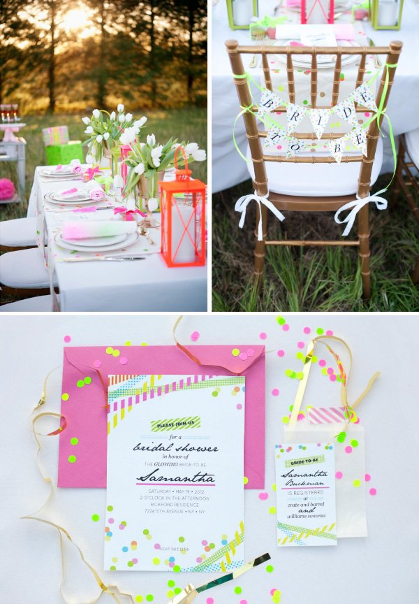 neon bridal shower invitations, tablescape, and chair banner