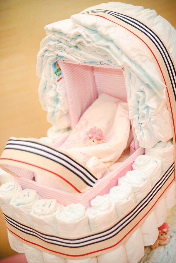 burberry baby shower with a carriage stroller shaped diaper cake