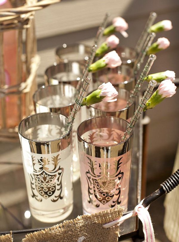 pink and white french party drinks with rose stir sticks