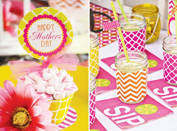 mother's day lunch cupcake topper and sip napkins in pink