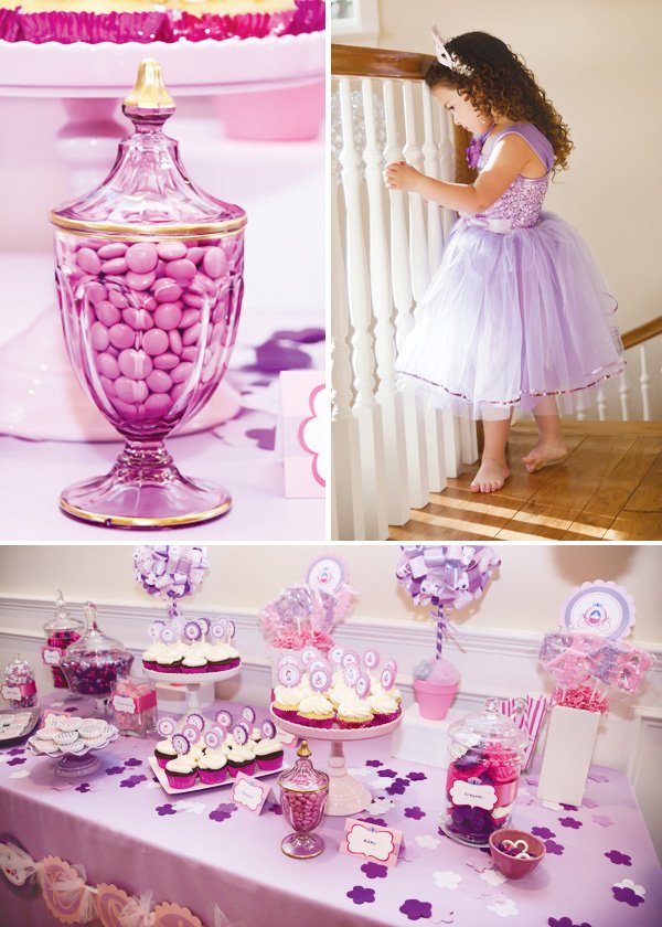 pink and purple princess party dessert table