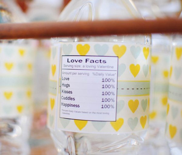 couples shower water bottle labels with love ingredients and an qua and yellow heart pattern