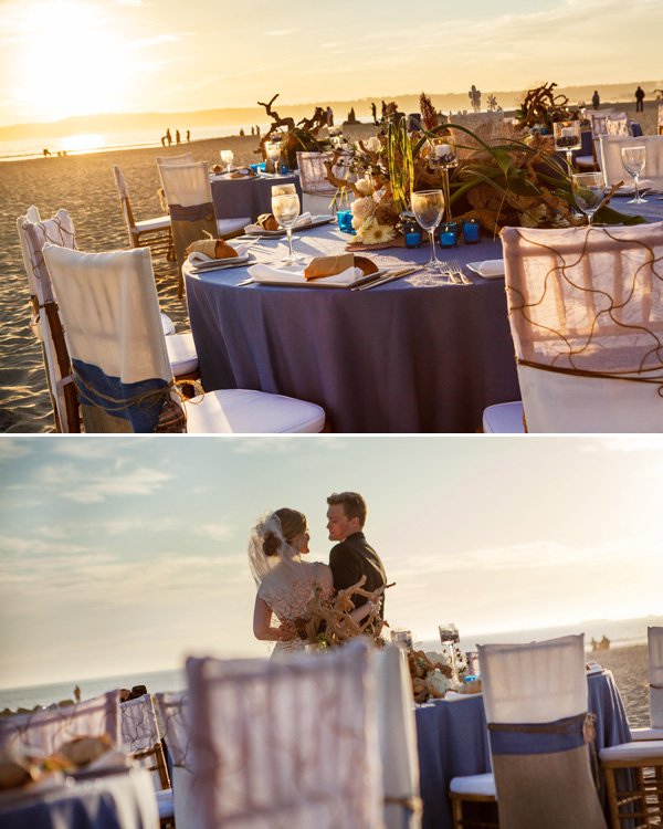 beach wedding reception tables and bride and groom