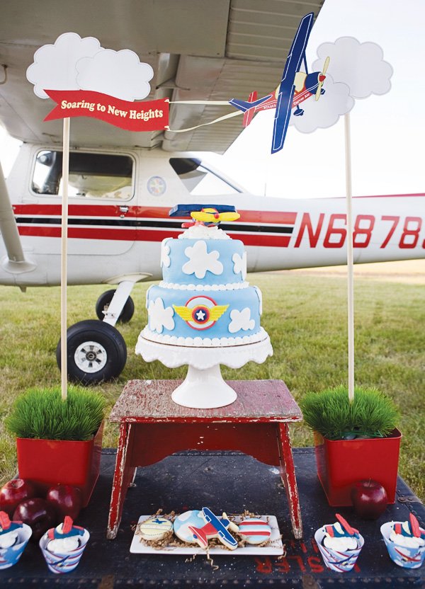 Airplane cake with pilot wings and clouds