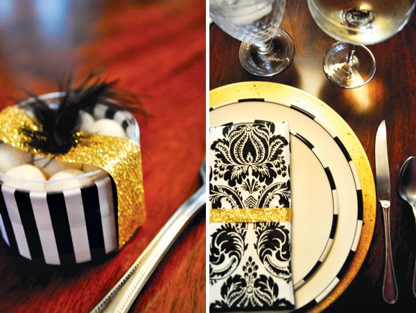 roaring 20's party table setting in gold and black