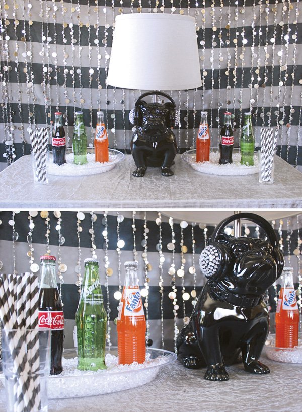 teen party drink and decorations table with a music theme