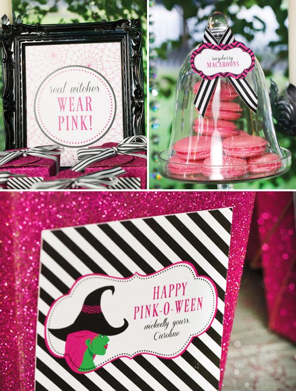 pink halloween party favor boxes and pink macarons