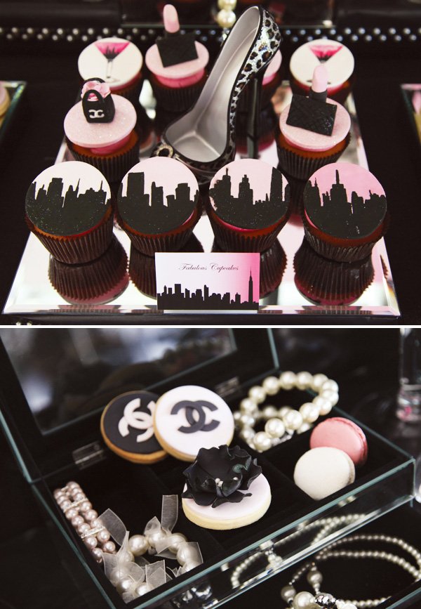 pink and black skyline cupcakes