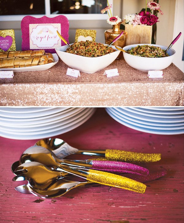 glitter tablecloth and utensils for a royal baby shower