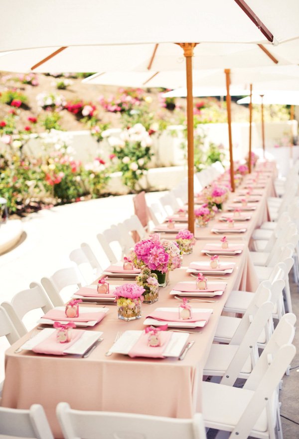 pink backyard bridal shower tablescape
