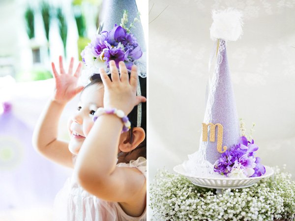 floral headband and purple princess crown
