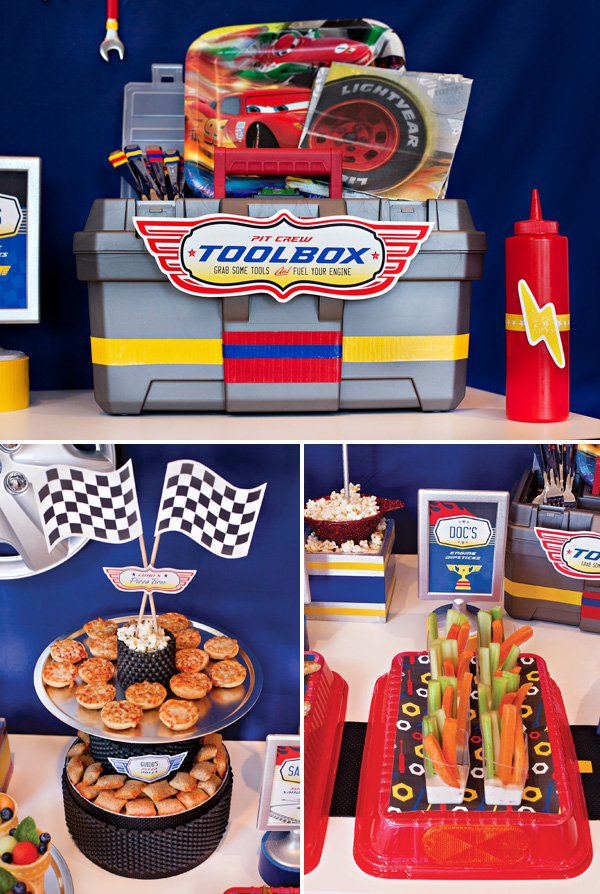 toolbox of utensils for a disney cars party