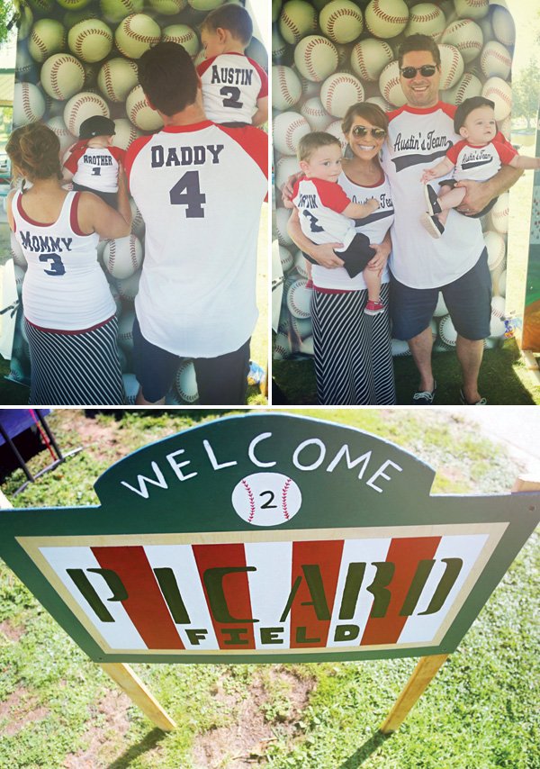 family baseball team photo booth and stadium sign
