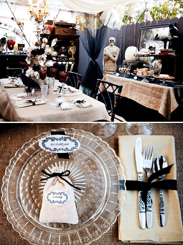 halloween dinner party with burlap candy bags