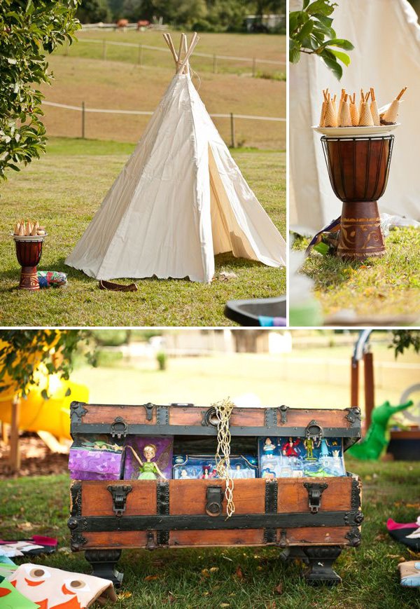 peter pan party activities with teepee and treasure chest