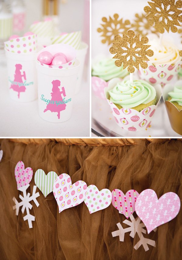 Sugar plum fairy design with heart garland and mint green cupcakes