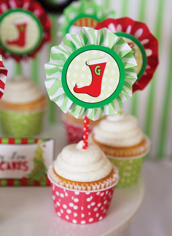 red and green christmas printable party circle cupcake topper with a stocking