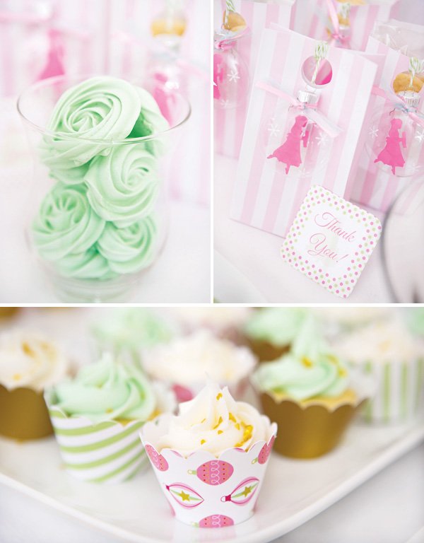 Mint and Pink sugar plum fairy desserts like meringues and cupcakes with pink party favor bags and ornaments