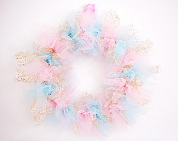 Pink and blue rag tie tulle wreath for a sugar plum fairy party