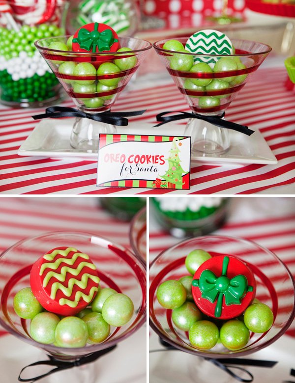 red and green christmas oreo cookies for santa in martini glasses with gumballs