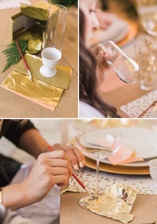 DIY how to steps for making your own gold leaf glasses - adding gold leaf to the foot