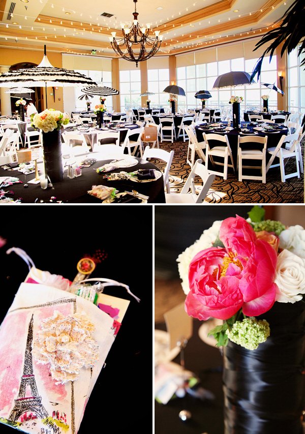 vintage paris themed charity event party with black and white tablescape, party favors and pink floral centerpieces