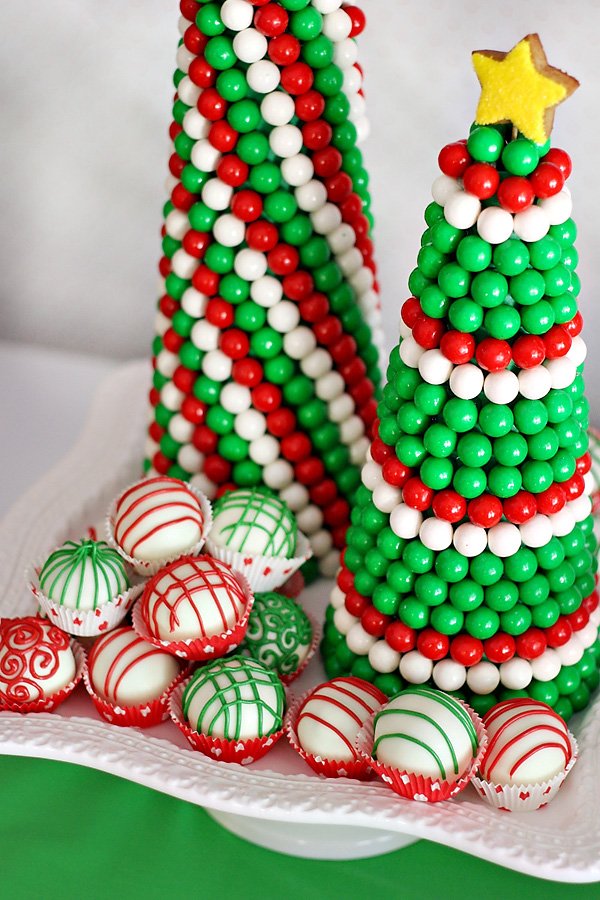 red and green white chocolate truffles and gumball christmas tree