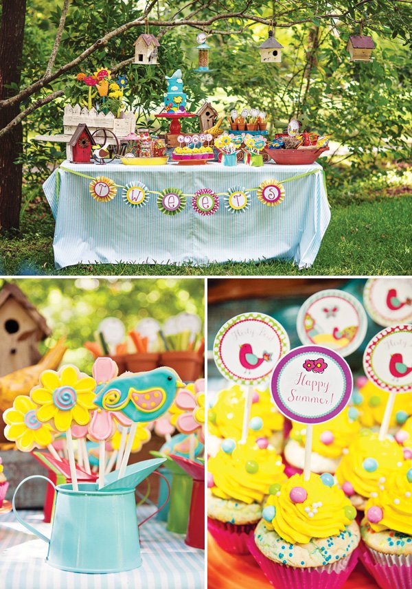 hanging birdhouse party decor and dessert table