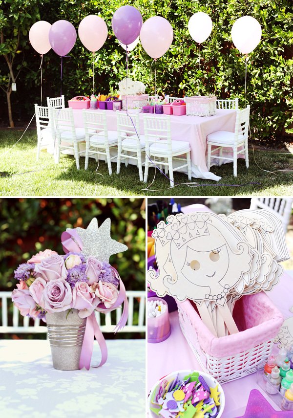 pink and purple princess party kids table and decor