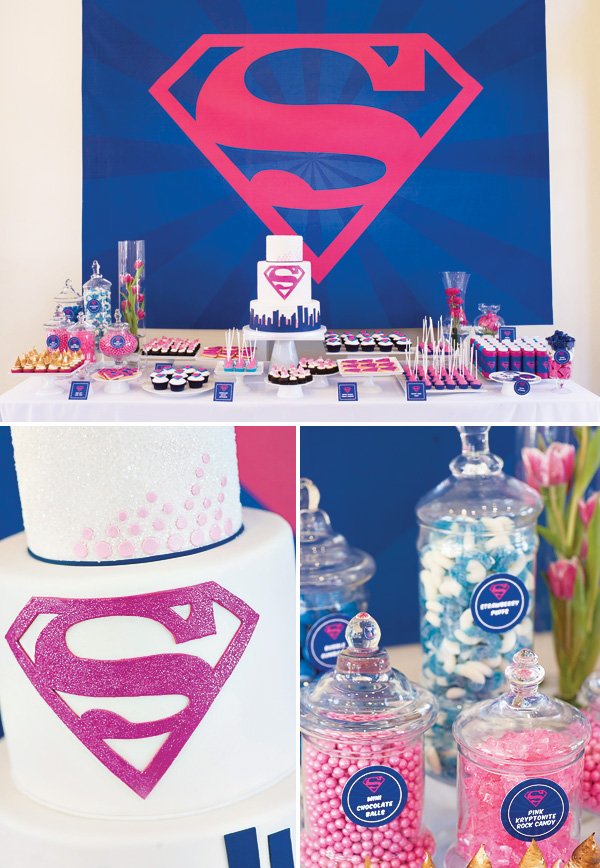 pink and blue superman dessert table