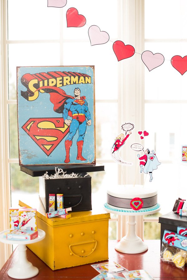 superman poster and hero valentine's day dessert table and display