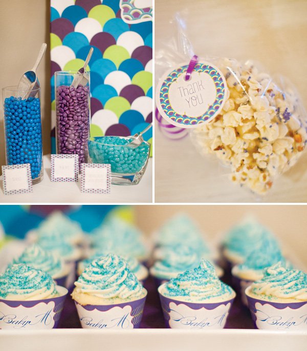 blue and purple candies and cupcakes