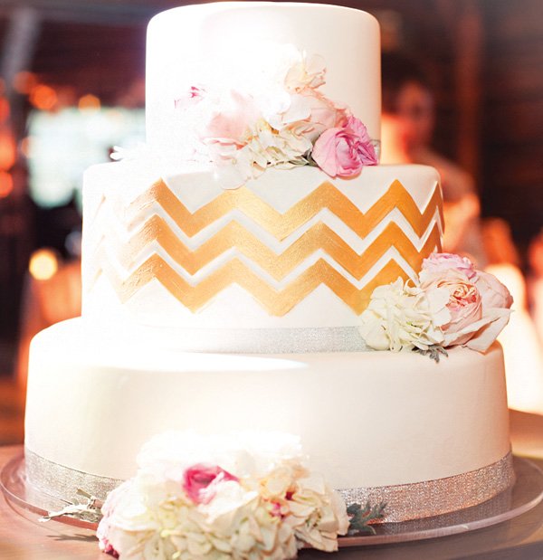 gold chevron striped wedding cake
