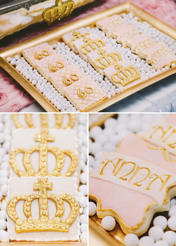 pink and gold crown and 60th cookies