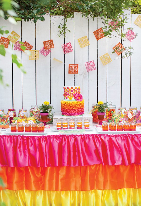 pink, orange and yellow dessert table